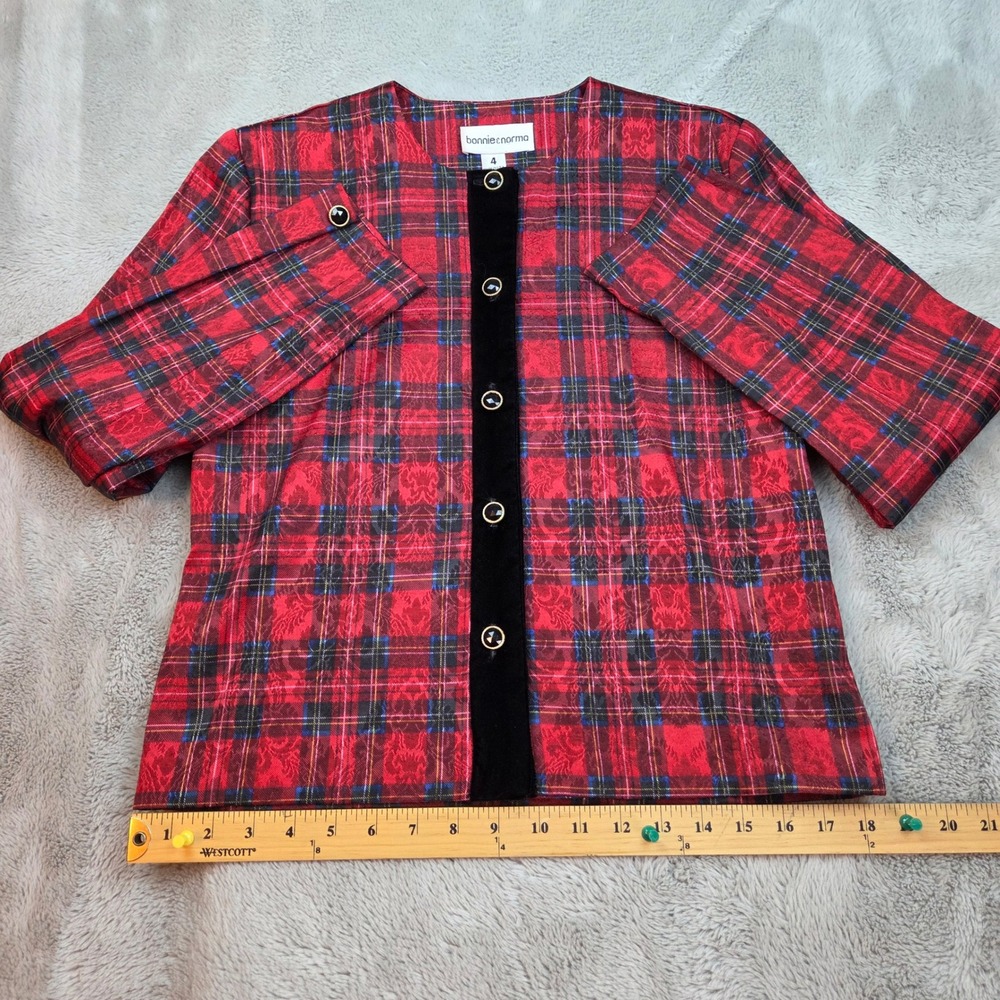 VTG Bonnie & Norma Plaid Blazer Women‎ 4 Red Damask Velvet Trim Button Front USA